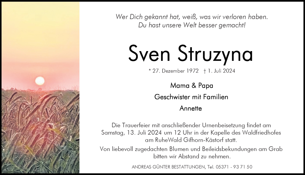  Traueranzeige für Sven Struzyna vom 06.07.2024 aus Cellesche Zeitung