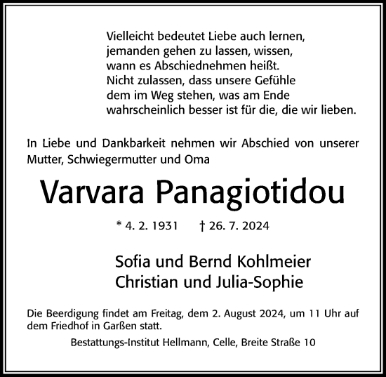 Traueranzeige von Varvara Panagiotidou von Cellesche Zeitung