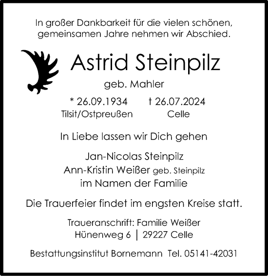 Traueranzeige von Astrid Steinpilz von Cellesche Zeitung