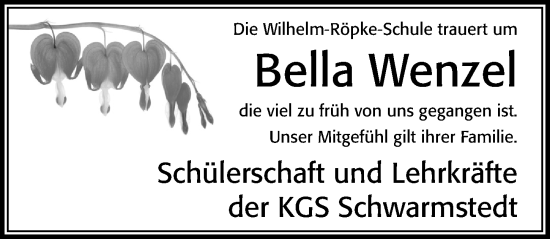 Traueranzeige von Bella Wenzel von Cellesche Zeitung
