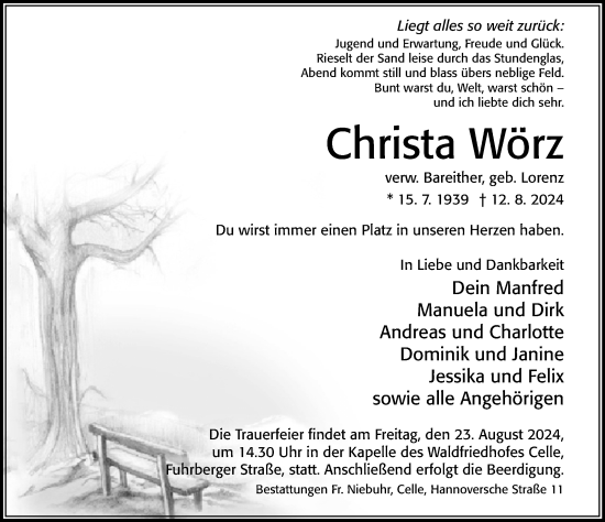 Traueranzeige von Christa Wörz von Cellesche Zeitung