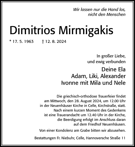 Traueranzeige von Dimitrios Mirmigakis von Cellesche Zeitung