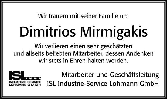 Traueranzeige von Dimitrios Mirmigakis von Cellesche Zeitung