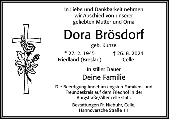 Traueranzeige von Dora Brösdorf von Cellesche Zeitung