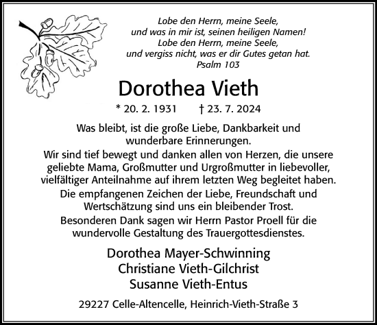 Traueranzeige von Dorothea Vieth von Cellesche Zeitung