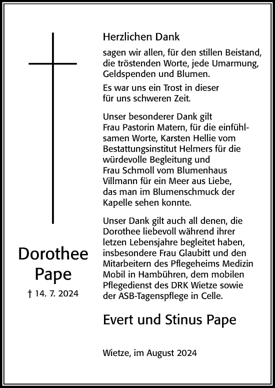Traueranzeige von Dorothee Pape von Cellesche Zeitung