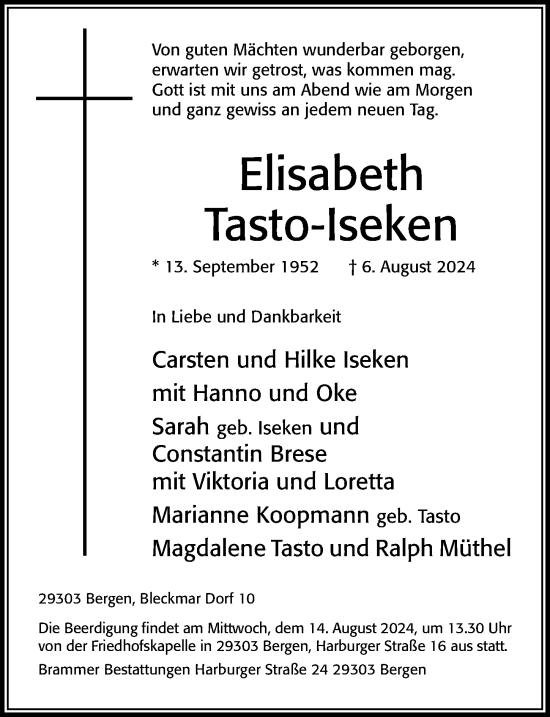 Traueranzeige von Elisabeth Tasto-Iseken von Cellesche Zeitung