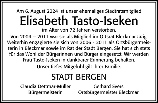 Traueranzeige von Elisabeth Tasto-Iseken von Cellesche Zeitung