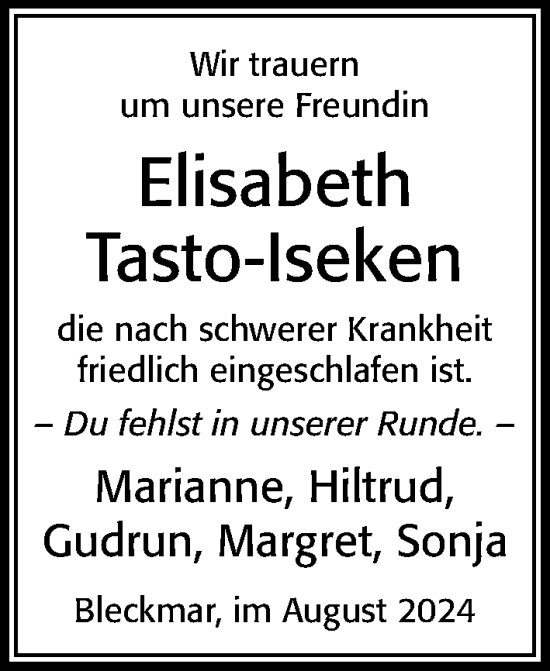 Traueranzeige von Elisabeth Tasto-Iseken von Cellesche Zeitung
