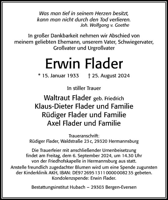 Traueranzeige von Erwin Flader von Cellesche Zeitung