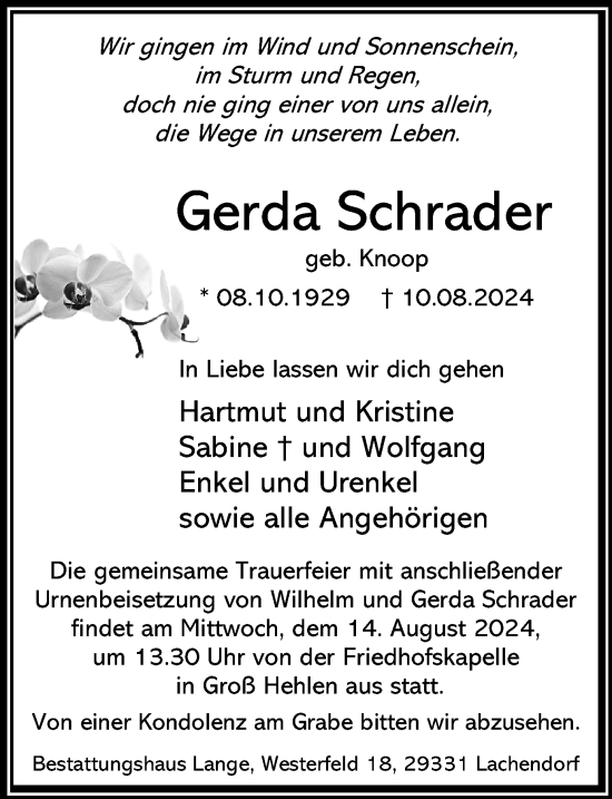 Traueranzeige von Gerda Schrader von Cellesche Zeitung