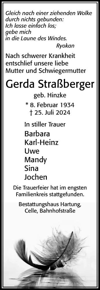 Traueranzeige von Gerda Straßberger von Cellesche Zeitung