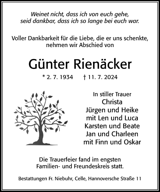 Traueranzeige von Günter Rienäcker von Cellesche Zeitung