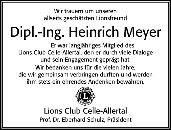 Traueranzeige von Heinrich Meyer von Cellesche Zeitung