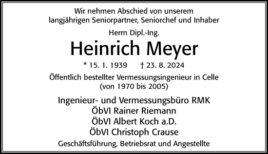 Traueranzeige von Heinrich Meyer von Cellesche Zeitung