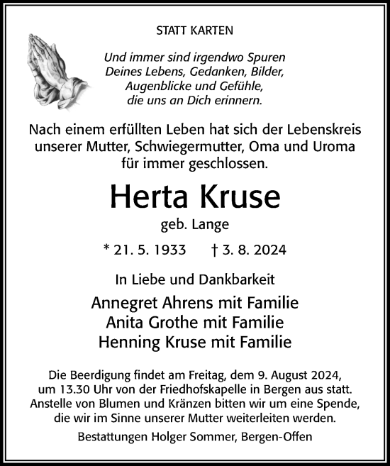 Traueranzeige von Herta Kruse von Cellesche Zeitung