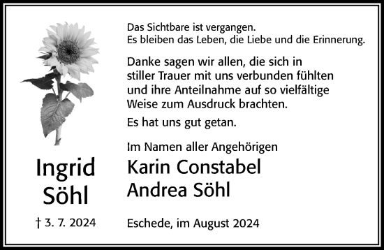 Traueranzeige von Ingrid Söhl von Cellesche Zeitung