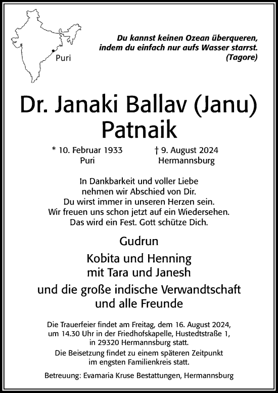 Traueranzeige von Janaki Ballav Patnaik von Cellesche Zeitung