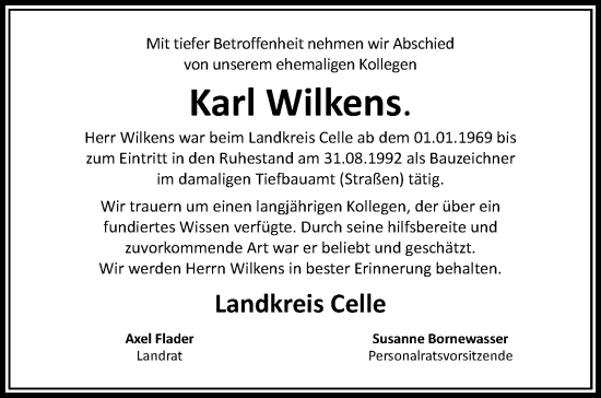 Traueranzeige von Karl Wilkens von Cellesche Zeitung