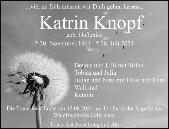 Traueranzeige von Katrin Knopf von Cellesche Zeitung