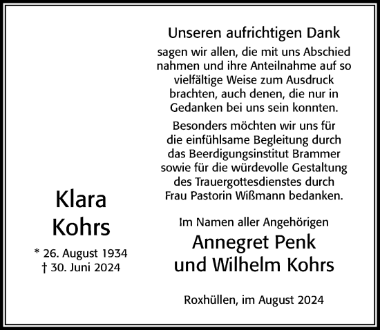 Traueranzeige von Klara Kohrs von Cellesche Zeitung