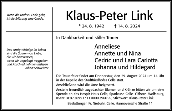 Traueranzeige von Klaus-Peter Link von Cellesche Zeitung