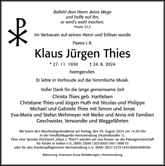 Traueranzeige von Klaus Jürgen Thies von Cellesche Zeitung