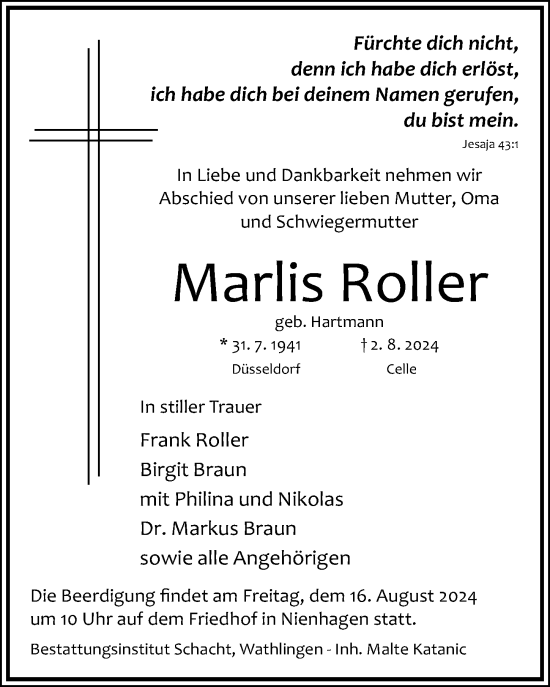 Traueranzeige von Marlis Roller von Cellesche Zeitung