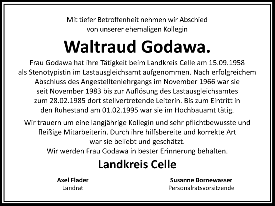 Traueranzeige von Waltraud Godawa von Cellesche Zeitung