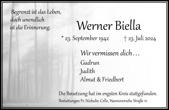 Traueranzeige von Werner Biella von Cellesche Zeitung