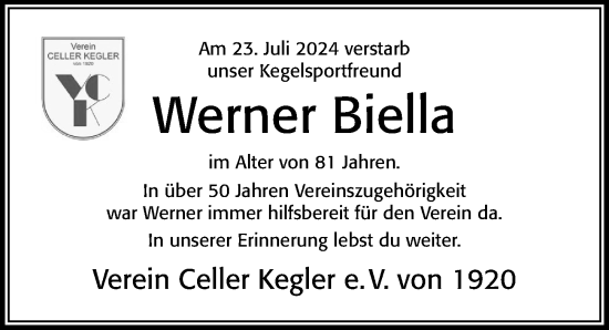 Traueranzeige von Werner Biella von Cellesche Zeitung