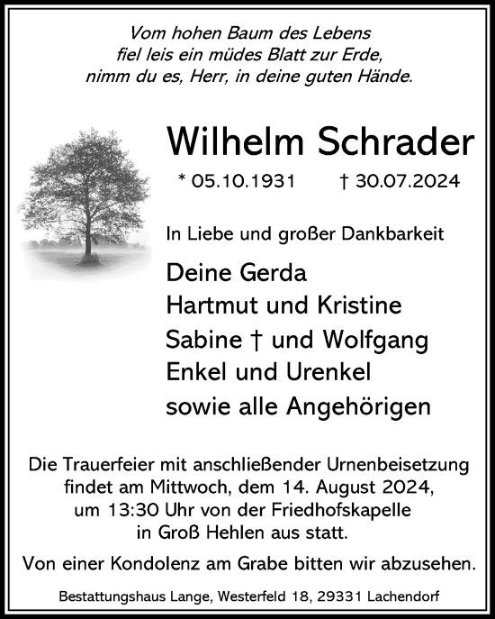 Traueranzeige von Wilhelm Schrader von Cellesche Zeitung