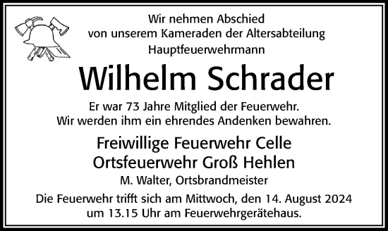 Traueranzeige von Wilhelm Schrader von Cellesche Zeitung