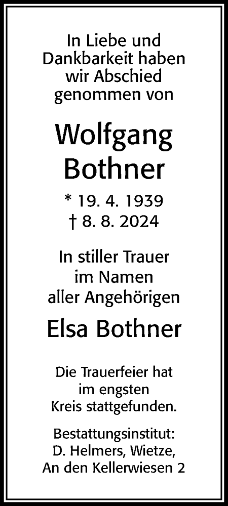 Traueranzeige von Wolfgang Bothner von Cellesche Zeitung