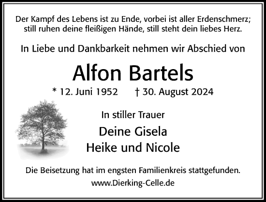 Traueranzeige von Alfon Bartels von Cellesche Zeitung