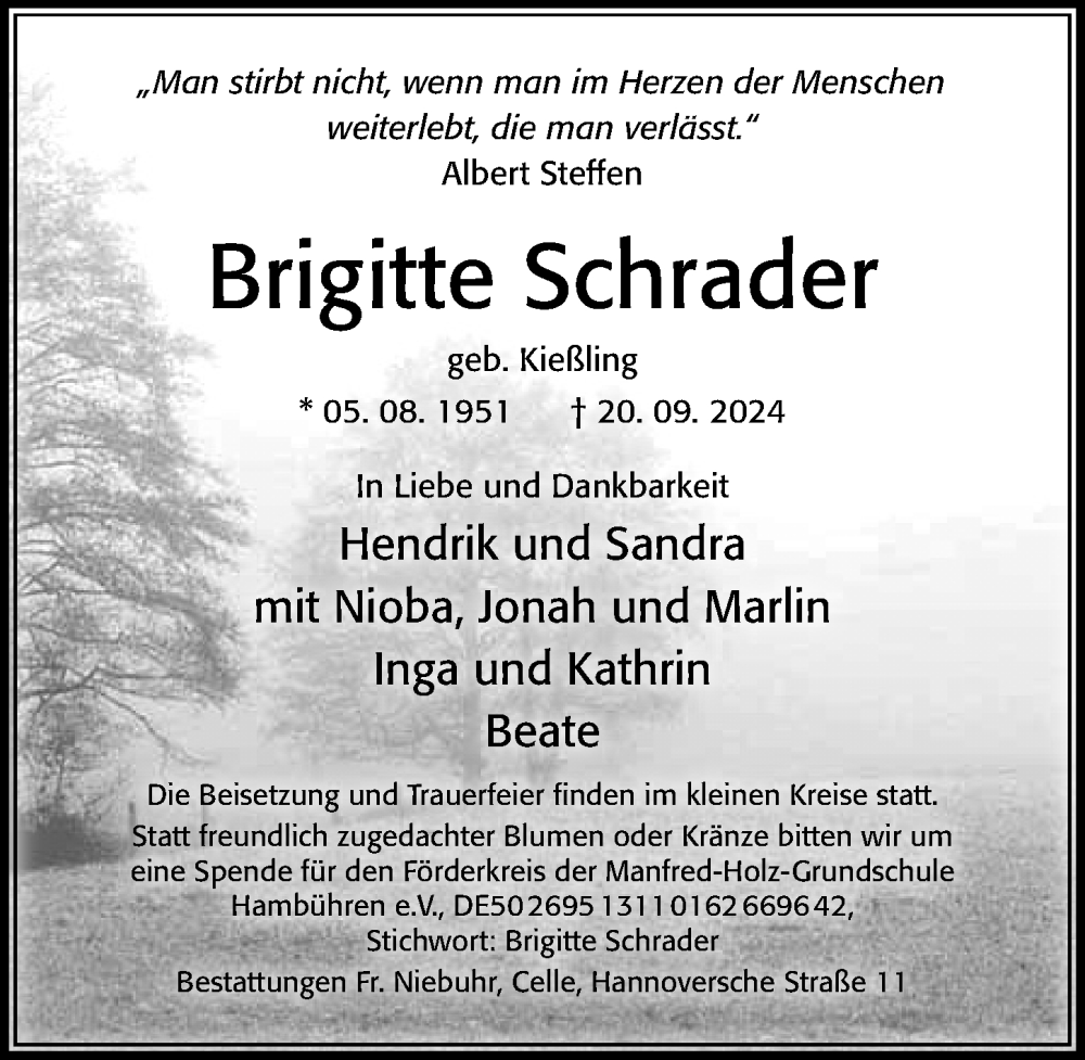  Traueranzeige für Brigitte Schrader vom 28.09.2024 aus Cellesche Zeitung