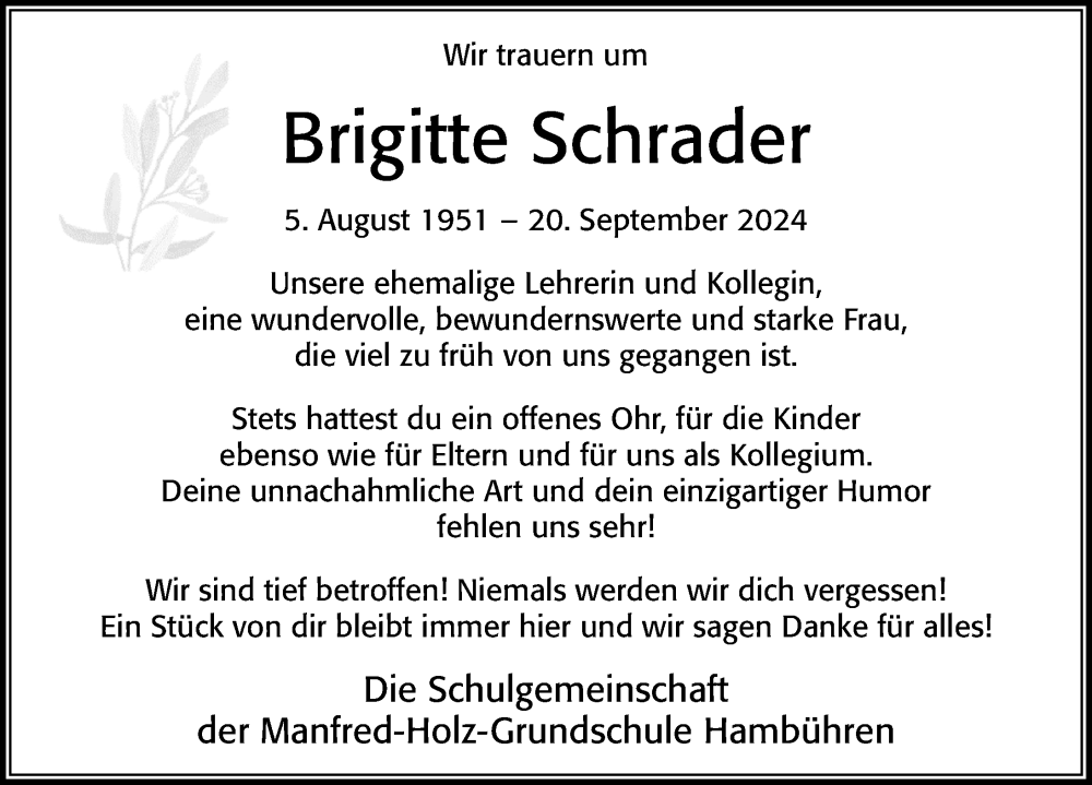  Traueranzeige für Brigitte Schrader vom 28.09.2024 aus Cellesche Zeitung