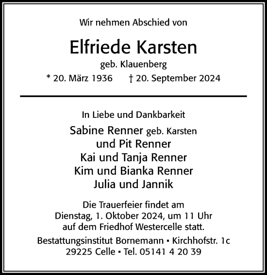 Traueranzeige von Elfriede Karsten von Cellesche Zeitung