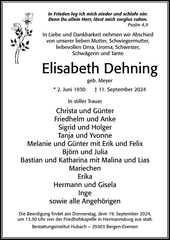 Traueranzeige von Elisabeth Dehning von Cellesche Zeitung