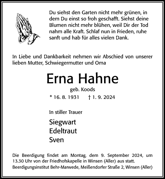 Traueranzeige von Erna Hahne von Cellesche Zeitung