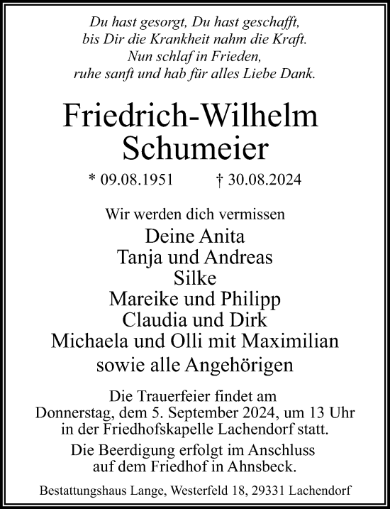 Traueranzeige von Friedrich-Wilhelm Schumeier von Cellesche Zeitung