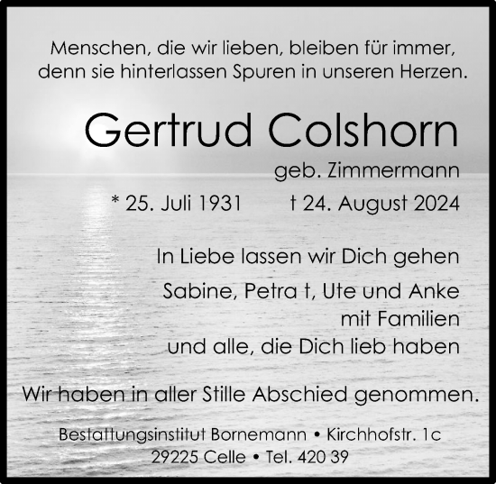 Traueranzeige von Gertrud Colshorn von Cellesche Zeitung