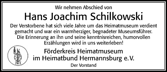 Traueranzeige von Hans Joachim Schilkowski von Cellesche Zeitung