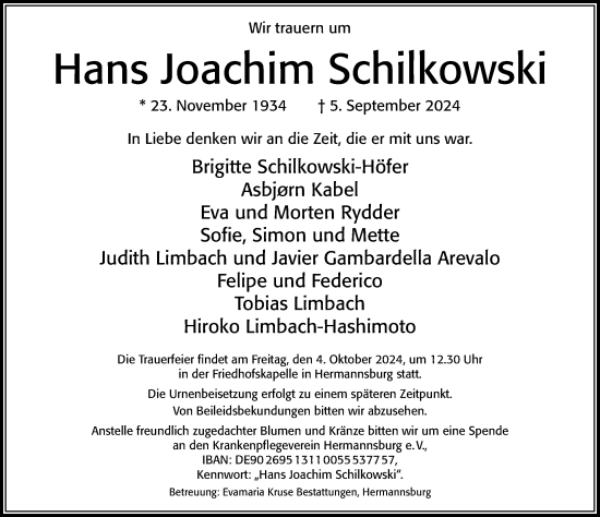 Traueranzeige von Hans Joachim Schilkowski von Cellesche Zeitung