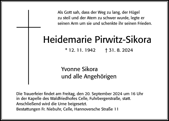 Traueranzeige von Heidemarie Pirwitz-Sikora von Cellesche Zeitung