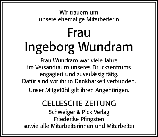 Traueranzeige von Ingeborg Wundram von Cellesche Zeitung