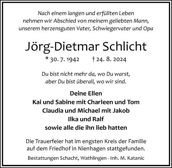 Traueranzeige von Jörg-Dietmar Schlicht von Cellesche Zeitung