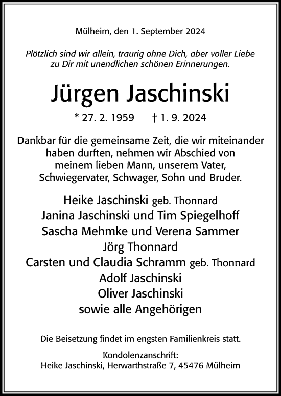 Traueranzeige von Jürgen Jaschinski von Cellesche Zeitung