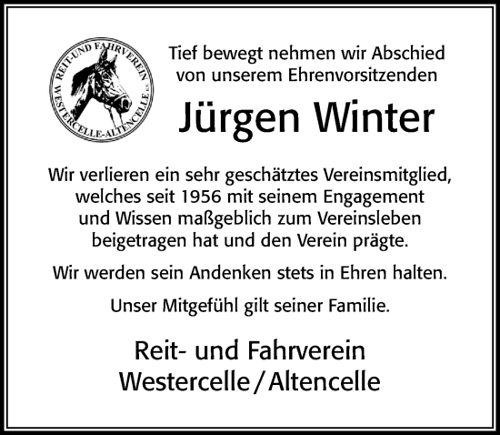 Traueranzeige von Jürgen Winter von Cellesche Zeitung