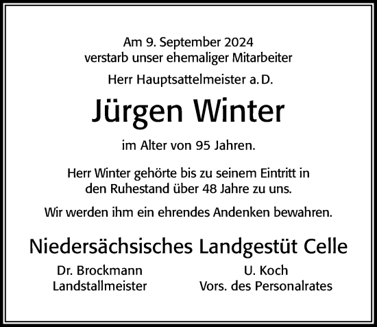 Traueranzeige von Jürgen Winter von Cellesche Zeitung